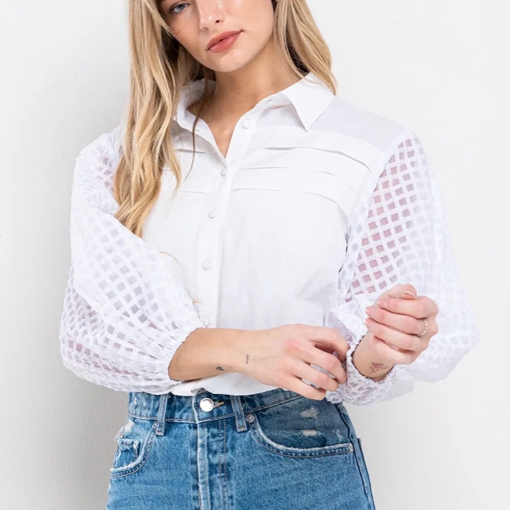 Ces Femme Plaid Mesh Sleeve Shirt White Top